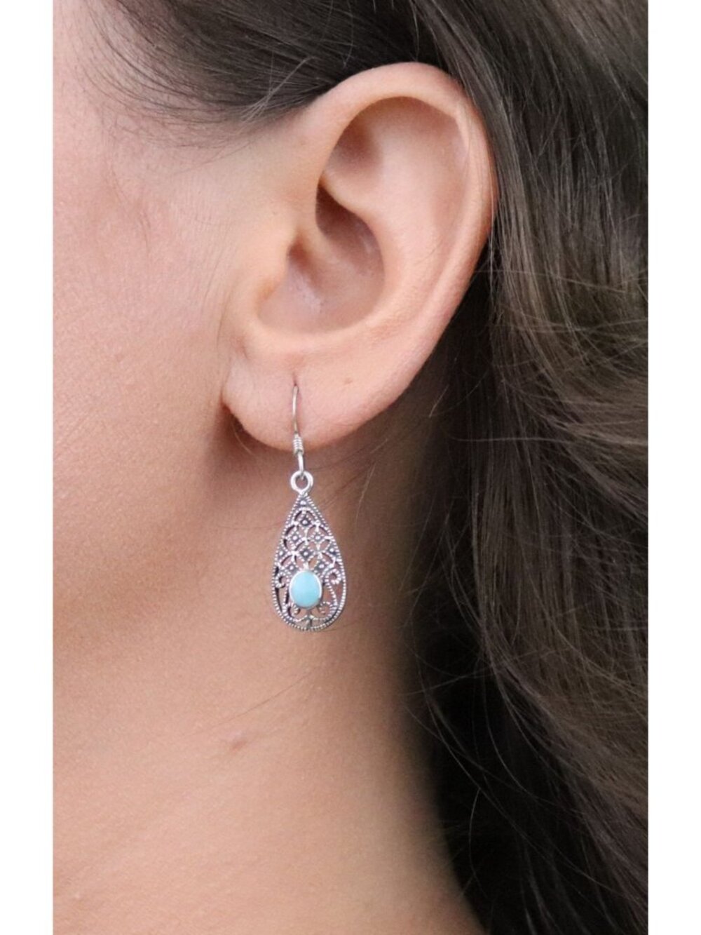 Sterling Silver Turquoise Earrings Dangle Drop 1 3/8" x 3/8" - Picture 4 of 7